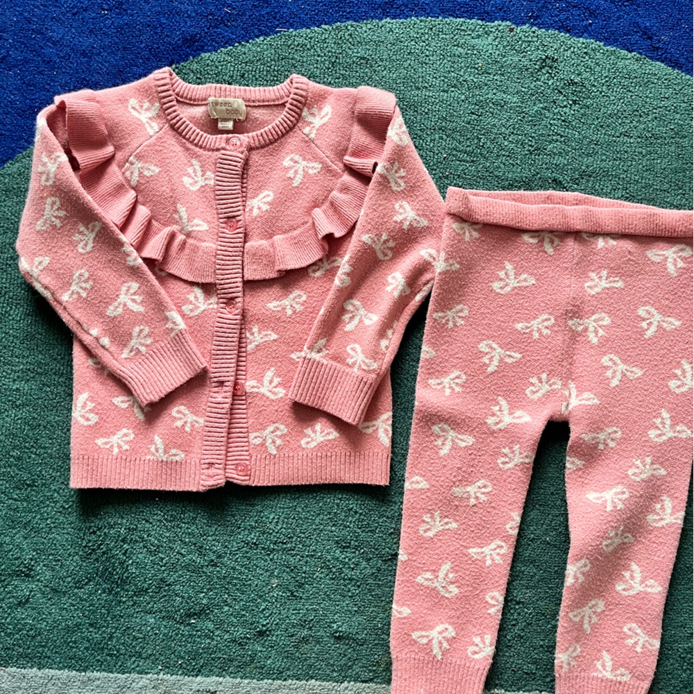 btween Pink Knit Baby Cardigan with White Bow Motif